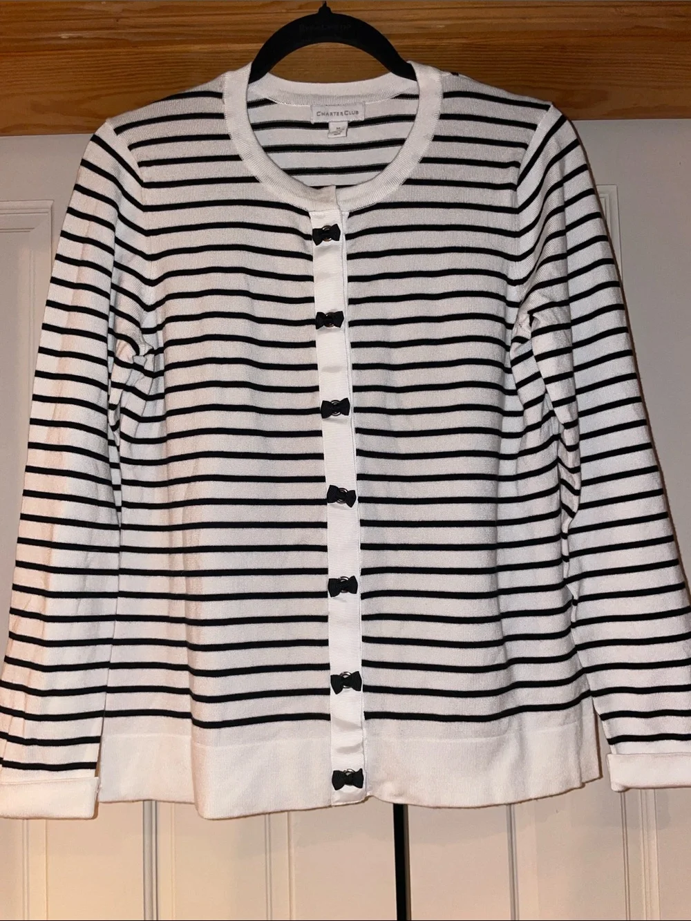 Charter Club Black and White Striped Button-Front Cardigan - Picture 4 of 6